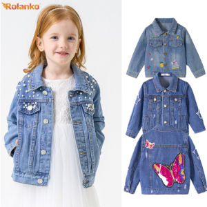 Rolanko Toddler Girls Denim Jacket Sequin Patchwork Jean Jacket Little Kids Button Down Long Sleeve Jean Coat Casual Outerwears 2-8Years