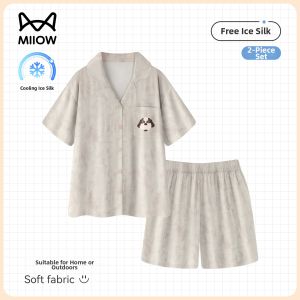 MiiOW | Ice Silk Texture Summer Womens Short Sleeve Shorts Pajama Set