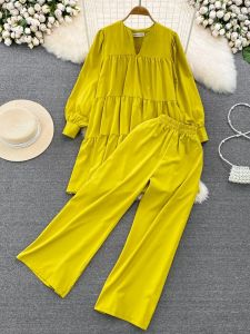 Fashion Set Womens Spring and Autumn Korean Style Long Sleeve V-Neck Loose Pleated Top with High Waist Slimming Wide Leg Pants