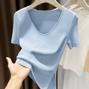 Ice Silk V-Neck Black Short Sleeve Thin T-Shirt