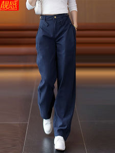 Dark Blue Cotton Workwear Wide Leg Pants Womens Casual Straight Cut Trousers Autumn Fashion High Waist Zipper Pocket Design