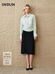 Minimalist Transparent Wrap Style Belted Shirt INSUN Summer 2025 Commute Straight Tube Long Sleeve Pure Color Button Detail