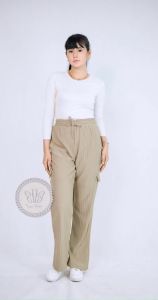 Celana Panjang Cargo Wanita Higwaist Stret Kancing Resleting