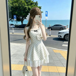 CHANGTONG | Summer French Unique Polka Dot Waist-cinching Flared Princess Short Dress