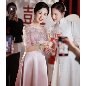 Pink Wedding Dress Evening Gown for Young Mothers Elegant Fashionable A-Line Skirt Mid-Waist Korean Style Polyester Fiber