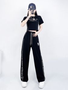 Womens Jazz Dance Outfit Summer Zumba Workout Clothes Long Pants Street Dance Sport Set Short Sleeve round Neck Two-Piece Set