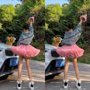 Spring 2023 Tutu Half Skirt Full Tulle High Waist Puffy Mini Dress for Short Women Tea Milk Color Other Material 100%