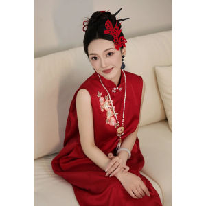 Elegant Red Embroidered Wedding Dress New Chinese Style Sleeveless Qipao for Bridesmaid And Engagement Parties High Waist A-Line Skirt