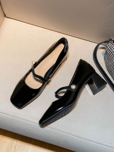 รองเท้าส้นสูง Mary Janes สไตล์ฝรั่งเศส ทรงหัวเหลี่ยม สีดำ ทรงหัวเหลี่ยม สายรัด รองเท้าส้นแบน สไตล์ฝรั่งเศส รองเท้าส้นแบนสำหรับผู้หญิง