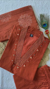 [PRE ORDER : 10 DAYS] Size M to 2XL KURTI WITH PANT:- ROMAN SILK WITH HEAVY EMBROIDERED WORK 3PCS sets_395_Rust