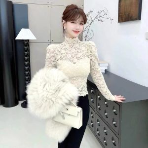 chaqi | Áo sơ mi ren gợi cảm kiểu Pháp cổ đứng khoét sâu mùa thu đông cho nữ áo lót ôm vừa vặn tay dài cổ cao họa tiết hoa