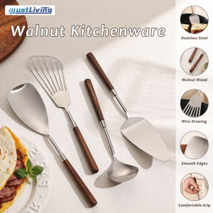 JustLiving 1Pc Walnut Handle Kitchen Utensils Set with Stainless Steel Head for Cooking Natural Wooden Handle Cooking Utensils Serving Spoon/ Cake Scoop/ Frying Spatula /Cake Scoop