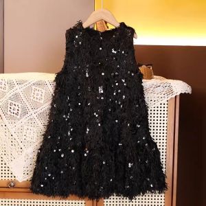 Girls Feather Sequin Cotton Lined Vest Dress Thickened New Years Outfit Princess Style Autumn Winter Childrens Clothing