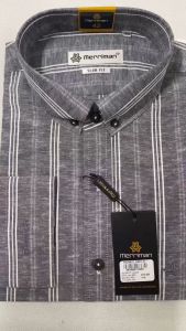 MERRIMAN SALE - Áo Sơ Mi MERRIMAN Tay Dài Màu Xám - Trắng Họa Tiết Sọc Dọc Form Slim Fit Lai Bầu