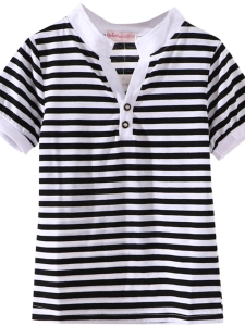 เสื้อยืดแขนสั้นลายทางยืดหยุ่นสำหรับเด็กชายและเด็กหญิง ฤดูร้อน 2024 คอกลม ผ้าฝ้ายผสม ระบายอากาศได้ดี เสื้อผ้าเด็ก