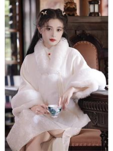 Womens Fleece Lined Thickened Cheongsam Shawl Outerwear Elegant Long Sleeve Daily Wear Polyester Fiber Winter New Arrival