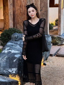 Elegant French Lace Cut-Out Dress High-End Fake Two-Piece Long Sleeve Midi Dress For Summer Size: Regular Fit