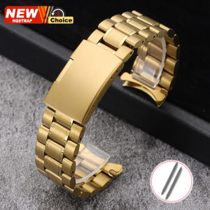 Solid Steel Band Curved End 16/18/20/22/24mm Five Bead Metal Watchband Women Men‘s Business Watch Strap Folding Buckle Bracelet