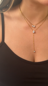 Stainless Steel Gold Tone Double Layer Y Drop Necklace for Women Waterdrop Cubic Zirconia & Pearl Pendant Necklace Fashion Jewelry Gift
