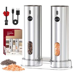 Rechargeable Electric Salt and Pepper Grinder Set Stainless Steel Pepper Mills Adjustable Coarseness Power Grinder Kitchen Tools