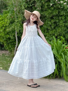 Elegant Long Princess Dress for Girls Summer White Cotton Strap Dress Sweet Style Child Travel Suitable Fairy Tale Dress