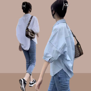 Spring Summer New Style Womens Shirt Half Sleeve Cover Belly Slimming Top Seven Sleeve Long Shirt Korean Style Loose Fit