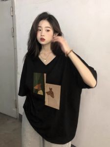 American Style Black V-neck Cotton Casual Loose Mid-length Sleeve 5/8 T-shirt