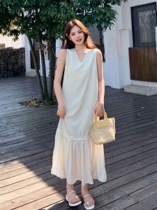 French Style V-Neck Sleeveless Vest Dress Womens Summer High-End Slimming Straight Long Dress Fashionable Patchwork Design