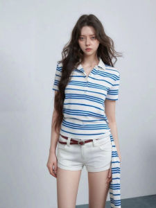 Korean Style Miu Blue Striped Polo Collar Short Sleeve T-Shirt Women Summer American College Versatile Slim Waist Cinched Top