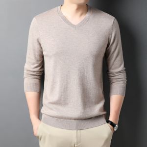 ROMON | Lormen Mens Knitted Sweater Thickened V-neck Pure Color 100% Pure Wool Warm Base Layer Shirt For Autumn Winter Casual Wear