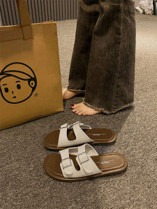 Womens Flat Sandals Summer Outdoor Wear Retro Style French Fairy Beach Slippers Low Heel Rubber Outsole Pure Color Slip-On