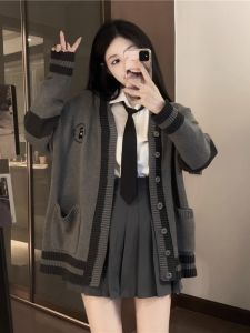 Chest Bear Embroidery Gray Knitting Cardigan Female Contrast Color Loose Preppy Style Sweater JK All-Matching Jacket Tops