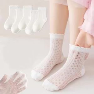 5 Cái/bộ Tất Lưới Thoáng Khí Cho Bé Gái 2-12 Tuổi Mùa Hè Ren Mỏng Công Chúa Thời Trang Dễ Thương Trắng Tất Trẻ Em Polyester Elastane