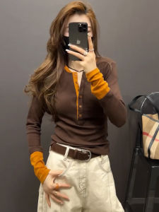 Fashionable Color Block Design Long Sleeve T-Shirt Womens Base Shirt Top for Autumn Season 2024 Trendy Base Layer Top