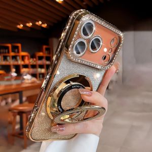 Plating For Magsafe Magnetic Stand Holder Rhinestones Case For iPhone 17 Pro Max 16 11 12 13 14 15 Plus Diamond Bumper Cover