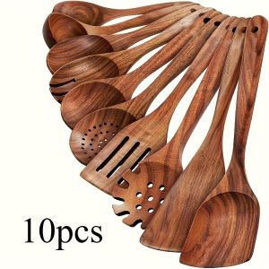 10PCS Natural Wooden Cooking Utensils Kit - Spoons Ladles for Salad Soup Noodles - Kitchen Utensils