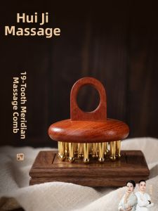 HUIJI | Massage Head Scalp Brush Wooden and Brass Comb Portable for Shower and Gua Sha Use