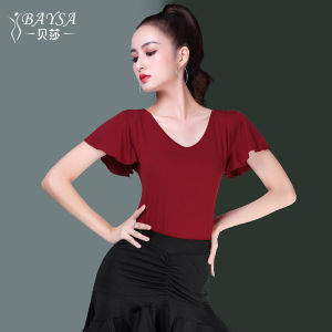 Baysa Latin Dance Top Womens Slim Fit Adult Social Dance Training Uniform V-neck Short Sleeve Rumba Cha Cha Samba Cowboy Bullfight