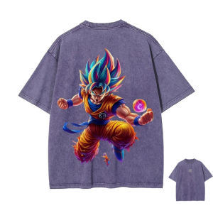 Bandai | Dragon Ball Sun Wukong Colorful Form Retro Washed T-Shirt Fitness Sports T-Shirt Street Style Summer Mens and Womens Tops