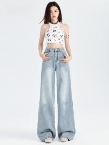 Quần Jeans Denim Rách Retro Phong Cách Mỹ Cho Nữ Quần Ống Rộng Ôm Dáng Màu Sáng Cạp Thấp Quần Dài Thường Ngày