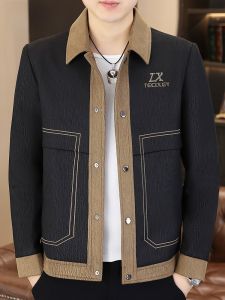 HENGYUANXIANG | Hengyuanxiang Mens Spring Autumn Workwear Jacket Collared Loose Splice Color Block Modern Style Anti-Wrinkle Polyester Fiber