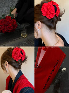 Red Rose Flower Hair Clip Womens Shark Jaw Hair Accessories Dried Rose Hairpin Fashionable Korean Style Hair Decorations