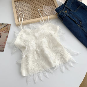 พู่ขนนกสั้น เสื้อกั๊ก ผู้หญิง สตรีทสไตล์ สีบริสุทธิ์ สลิมฟิต ฤดูร้อน แฟชั่นเปลือย เสื้อกล้าม เครื่องประดับแฟชั่นสตรี