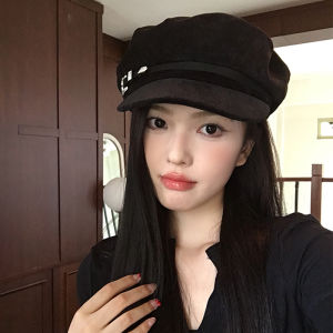 Black Octagonal Beret Hat Womens Autumn Winter New Retro Y2K Fashion British Style Large Head Circumference Duckbill Cap