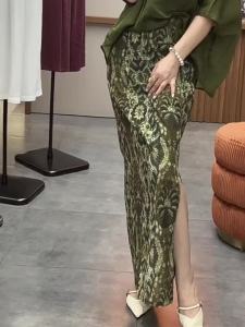 MANMI | Chân Váy Bút Chì Maxi Họa Tiết Hoa Trung Quốc Mới Màu Xanh Mực Ôm Sát Cao Waist Fork Design