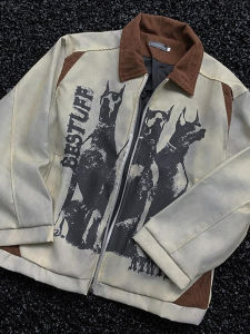 แจ็คเก็ตคอปกพิมพ์ลายสไตล์อเมริกันย้อนยุค สไตล์วินเทจ แจ็คเก็ตคอปกพิมพ์ลายแบบลำลองสำหรับคู่รัก แจ็คเก็ตขนแกะแบบแยกชิ้นส่วนสำหรับผู้ชายและผู้หญิง