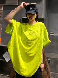 Loose Fit Womens T-Shirt Short Sleeve Fluorescent Green plus Size Streetwear Style round Neck Print Casual Top Fashionable