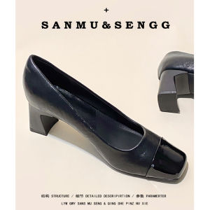 สบาย นุ่ม หนัง สีดำ Chunky Heel Square Toe รองเท้าส้นสูง ผู้หญิง ส้นปานกลาง 5 ซม. ของแท้ หนัง ไม่เหนื่อยฟุต Professional เดินทางรองเท้าเดียว