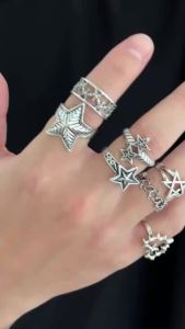 Ingemark 7Pcs/Set Gothic Five-Pointed Star Adjustable Open Rings For Men Trendy Punk Love Heart Finger Ring Daily Party Jewelry