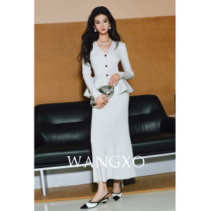 ชุดเสื้อและกระโปรงถัก WANGXO ทรงเข้ารูป แขนยาว คอวี ผ้าขนสัตว์ แฟชั่นฤดูใบไม้ผลิ 2025 ชุดสองชิ้น สำหรับผู้หญิง